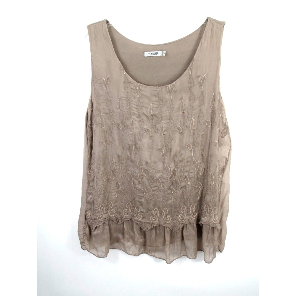 TENDENZE Sleeveless Top Women Medium Beige Silk Blend Floral Embroidered 5226